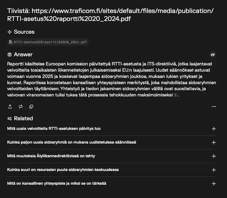 Kuvakaappaus Perplexity hausta: Tiivistä RTTI asetus Traficomin sivulla
