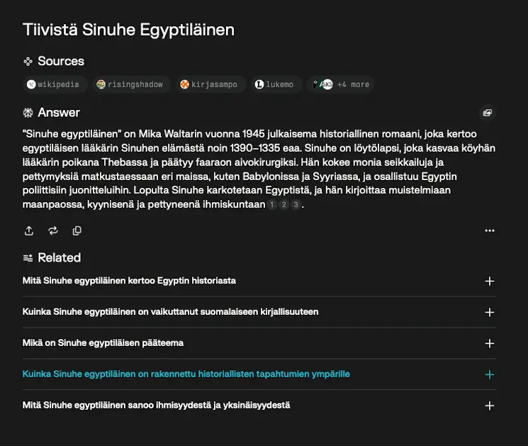Kuvakaappaus Perplexity hausta: Tiivistä Sinuhe Egyptiläinen